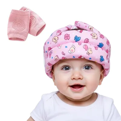 Safe-O-Kid Combo- Baby No Bumps Safety Cotton Helmet Head Protection with Zero Sweat Cushion Bumper with Crawling Baby Anti-Slip Elbow and Knee Pads/Guards-Pink