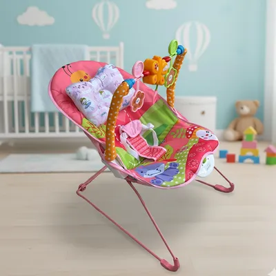 Safe-O-Kid Harmony Baby Bouncer with 1 Year Warranty Multi-Position Reclining Bouncer with Calming Music, Vibrations, Safety Harness and Musical Toy- Pink