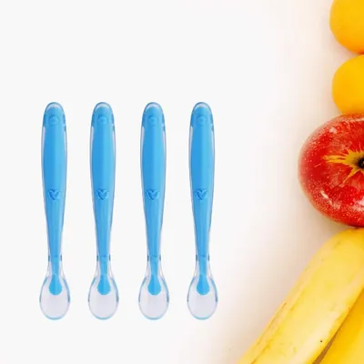 Safe-O-Kid BPA-Free Extra Safe Silicone Tip Spoon Non-Toxic, Soft, Gentle for Baby s Gums, Perfect for Introducing Solids, Safe for Little Eaters, Blue (Pack of - 4)