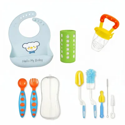 Safe-O-Kid Baby Feeding Essentials Set with Bib, Feeder, Spoon, Bottle Cleaning Set & Cover