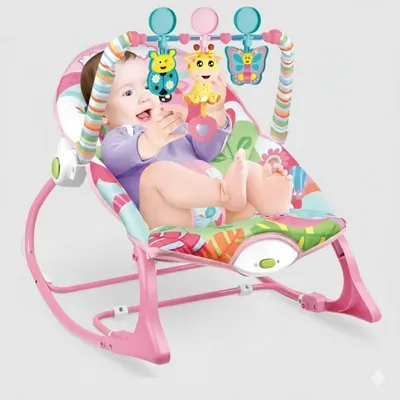Safe-O-Kid Acoustic Baby Rocker Cum Bouncer with 1 Year Warranty, Multi-Position Reclining, with Music, Vibrations, Safety Harness and Toy Bar- Pink