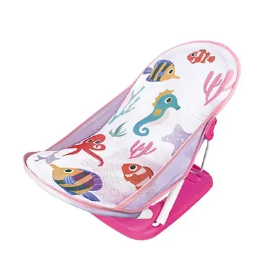 Safe-O-Kid Aqua Print Baby Bather for Baby 0-12 Months, New Born Baby Bath Chair, Position Adjustable, Washable Soft Mesh, Large Seat with One Year Warranty - Pink