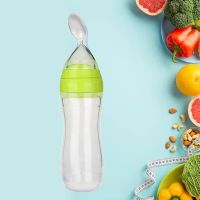 Safe-O-Kid BPA-Free Silicone Squeezy Food Feeder Spoon Non-Toxic, Soft, Easy-to-Use, Perfect for Introducing Solid Foods to Your Baby, Safe and Durable, Green, 90ml