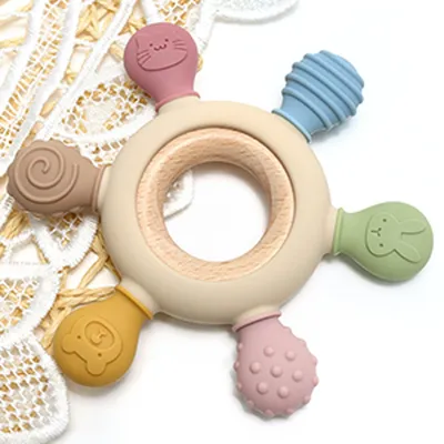 Safe-O-Kid Silicone & Wooden Baby Teether for Newborns | BPA Free Soft Teething Toy | Safe Infant Teether with Silicone Rudder and Natural Wooden Ring for Gum Soothing I 3+ Months
