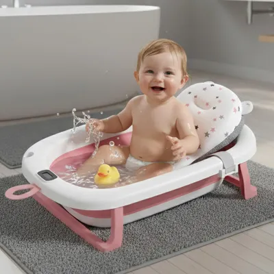 Safe-O-Kid Baby Bath Tub with 1-Year Warranty | Foldable & Portable | Travel-Friendly, Space-Saving Design | Easy to Store | Suitable for Newborns & Kids (0 5 Years)   Pink