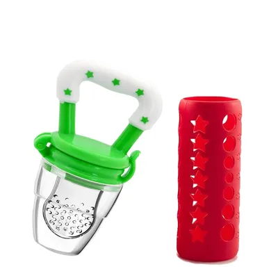 Safe-O-Kid BPA Free All-in-One Baby Care Set Fruit Feeder with Silicone Feeding Bottle Cover (Green & Red)