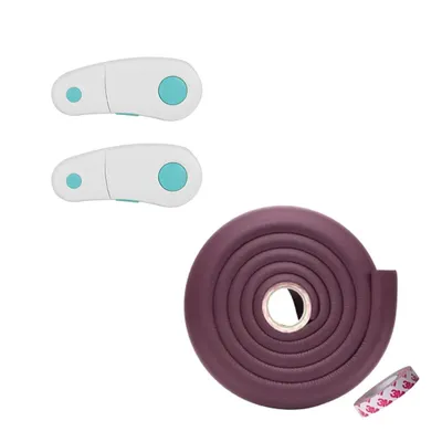 Safe-O-Kid BPA-Free Baby Safety 2 Meter Edge Guard with 3M Adhesive + 2 Cabinet Lock Non-Toxic, Impact Protection for Furniture (Brown & Blue)