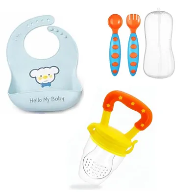 Safe-O-Kid Baby BPA-Free Feeding Starter Kit 1 Bib, 1 Fruit Nibbler, 1 Fork & Spoon Set