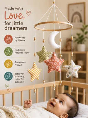 Handmade Baby Crib Mobile | Recycled Fabric Star & Moon Nursery Hanging | Sustainable Baby Room Decor