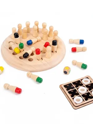 Wooden 2-in-1 Memory Chess Peg Board and Tic Tac Toe Game Set, Educational Toy for Kids Ages 3+, Beechwood
