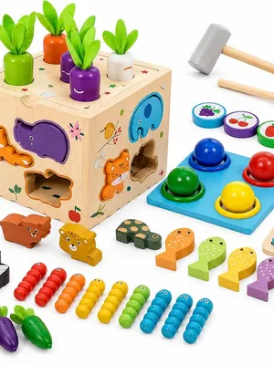 Tot2hom 8-in-1 Wooden Montessori Activity Cube for Kids 3+ Years | Educational Learning Toy with Magnetic Fishing, Shape Sorter, Clock Puzzle, Hammer Ball, Fruit Match & Bug Hunt