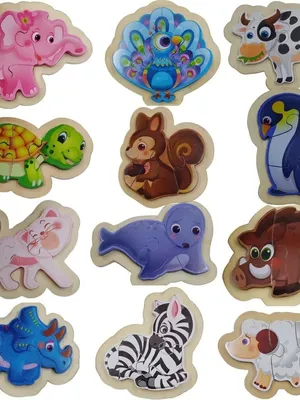 Wooden Animal Jigsaw Puzzle for Kids – Pack of 12 Individual Puzzle Boards – Elephant Peacock Cow Turtle Squirrel Penguin Cat Seal Rhino Boar Zebra Sheep – Educational Toy for Toddlers Age 2 to 5