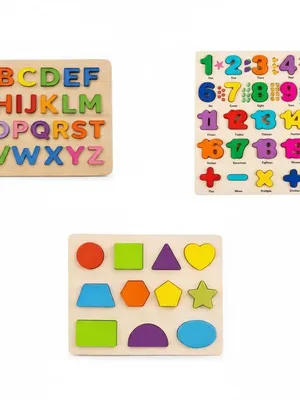 Tot2Hom 3-in-1 Wooden Puzzle Learning Combo for Kids – ABC Alphabet, Numbers 1–20 with Math Symbols & Shapes Board | Montessori Educational Toy | Chunky Peg Puzzles for Toddlers Boys Girls Age 2 3 4 5