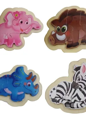 Wooden Jungle Animal Puzzle for Kids – Wild Animals Set of 4 Individual Boards – Elephant, Zebra, Rhino & Wild Boar – Educational Toy for Toddlers Boys Girls Age 2 3 4 5