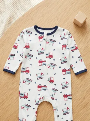 Lazy Turtel Vehicle Print Long-Sleeve Footed Cotton Romper | 6–9 Months