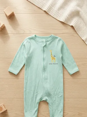 Lazy Turtel Mint Little Friend Long-Sleeve Footed Cotton Romper | 6–9 Months