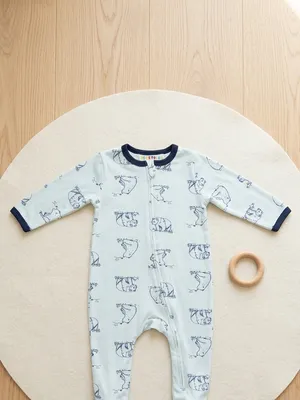 Lazy Turtel Blue Bear Print Long-Sleeve Footed Cotton Romper | 6–9 Months