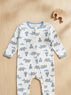 Lazy Turtel Elephant Print Long-Sleeve Footed Cotton Romper | 6–9 Months