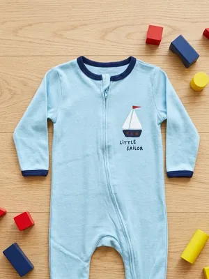 Lazy Turtel Little Sailor Long-Sleeve Footed Cotton Romper | 6–9 Months