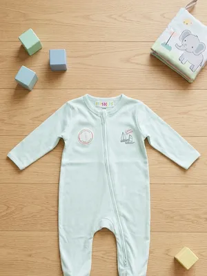 Lazy Turtel Mint Blue Classic Long-Sleeve Footed Cotton Romper | 6–9 Months
