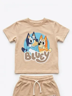 Lazy Turtel Beige Blue Dog Cartoon T-Shirt & Shorts Co-ord Set
