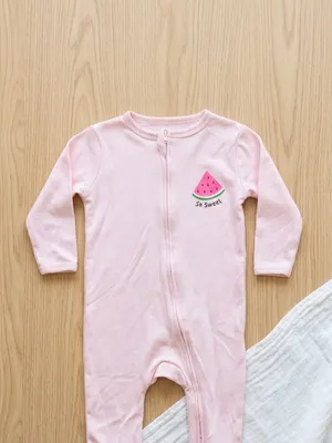 Lazy Turtel Pink So Sweet Watermelon Long-Sleeve Footed Cotton Romper | 6–9 Months