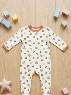 Lazy Turtel Multicolour Icon Print Long-Sleeve Footed Cotton Romper | 6–9 Months