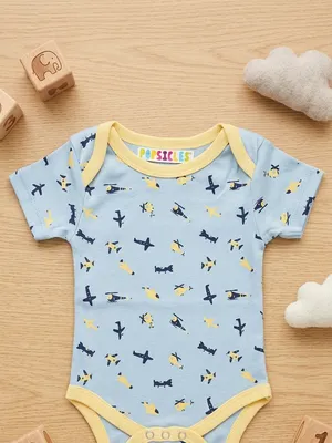 Lazy Turtel Blue Airplane Print Short-Sleeve Cotton Romper