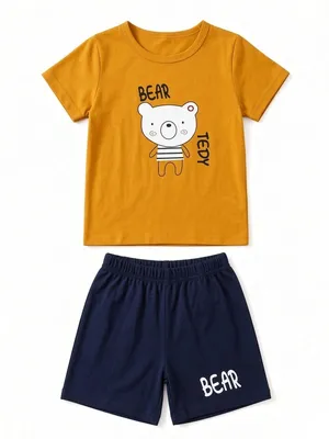 Lazy Turtel Mango Orange Bear Print T-Shirt & Navy Shorts Co-ord Set