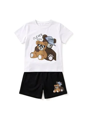 Lazy Turtel White Clever Bear Print T-Shirt & Black Shorts Co-ord Set