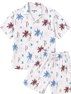 Lazy Turtel Blue and Red Palm Tree Cotton Co-ord Set