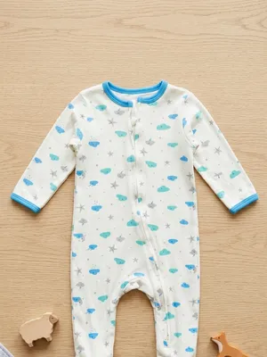 Lazy Turtel Cloud Print Long-Sleeve Footed Cotton Romper | 6–9 Months