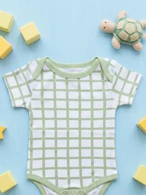 Lazy Turtel Green Checkered Short-Sleeve Cotton Romper