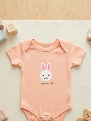 Lazy Turtel Peach Bunny Graphic Short-Sleeve Cotton Romper