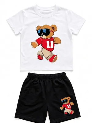 Lazy Turtel White Sunglasses Bear T-Shirt & Black Shorts Co-ord Set