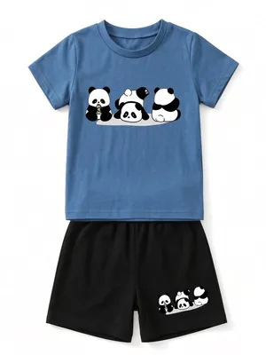 Lazy Turtel Blue Panda Print T-Shirt & Black Shorts Co-ord Set