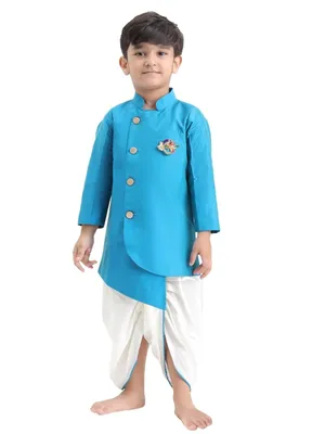 Itsyboo Boys Blue Asymmetrical Art Silk Dhoti Kurta Set with Brooch | 2-Piece Traditional Indian Ethnic Wear Outfit | Festive Outfit for Boys