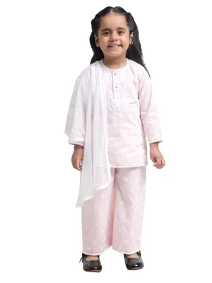 Itsyboo Girls Baby Pink Handblock Cotton Kurta Pyjama Dupatta Set | 3-Piece Traditional Ethnic Outfit | Handblock Printed Festive & Party Suit Set for Girls