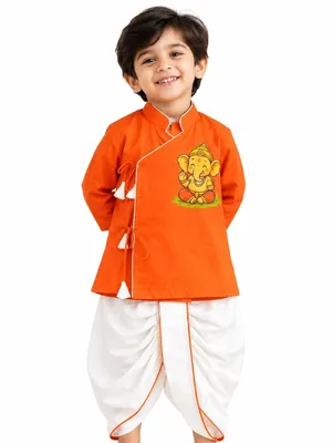 Itsyboo Boys Cotton Ganesh Chaturthi Kurta Dhoti Set | Full Sleeve Mandarin Collar Ethnic Wear | Ganesh Ji Print Traditional Festive Outfit for Kids