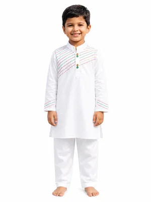 Itsyboo Boys Cotton White Kurta Pajama Set | Full Sleeve Ethnic Wear for Independence Day & Republic Day | Embroidery Indian Outfit for Kids