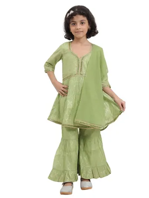 Itsyboo Girls Green Chanderi Sharara Kurta Dupatta Set | 3-Piece Festive Ethnic Outfit | Traditional Indian Outfit for Diwali, Raksha Bandhan & Celebrations
