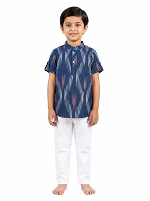 Itsyboo Boys Blue Cotton Kurta | Soft Breathable Summer Ethnic Wear | Short Sleeve Mandarin Collar Traditional Kurta | Lightweight Festive & Casual Outfit for Kids
