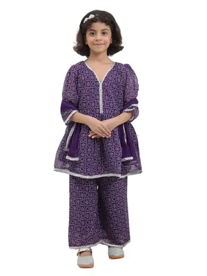 Itsyboo Girls Purple Bandhani Print Georgette Kurta Pant Dupatta Set | 3-Piece Festive Ethnic Outfit | Traditional Indian Outfit for Diwali, Raksha Bandhan & Celebrations