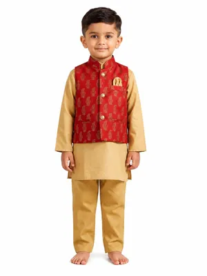 Itsyboo Boys Cotton Kurta Pajama with Foil Print Nehru Jacket Set | 3-Piece Ethnic Wear | Full Sleeve Traditional Outfit | Festive Dress for Raksha Bandhan, Diwali, Weddings & Functions