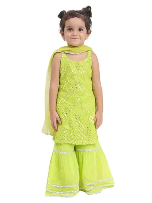 Itsyboo Girls Neon Green Mirror Work Sharara Kurta Dupatta Set | 3-Piece Sleeveless Festive Ethnic Wear Set | Embroidered Traditional Indian Outfit for Girls