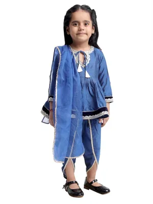 Itsyboo Girls Navy Blue Dhoti Kurta with Dupatta Set | 3-Piece Traditional Indian Ethnic Outfit | Lace Detail & Dori Front Opening Festive Outfit for Girls