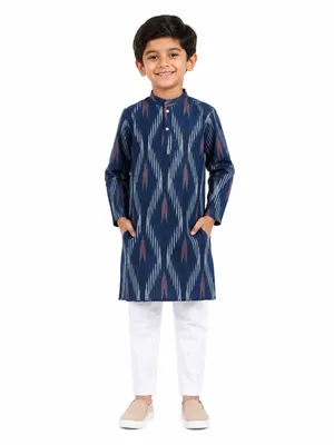 Itsyboo Boys Blue Cotton Kurta Pyjama Set | Soft Breathable Summer Ethnic Wear | Full Sleeve Mandarin Collar Traditional Outfit for Kids