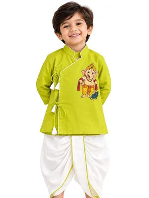 Itsyboo Boys Cotton Ganesh Chaturthi Kurta Dhoti Set | Full Sleeve Mandarin Collar Ethnic Wear | Ganesh Ji Print Traditional Festive Outfit for Kids