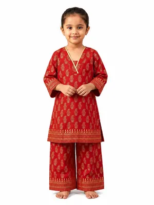 Itsyboo Girls Cotton Foil Print Kurta Palazzo Set | 2-Piece Ethnic Wear | 3/4 Sleeve Traditional Outfit | Red Festive Dress for Rakhi & Indian Festivals