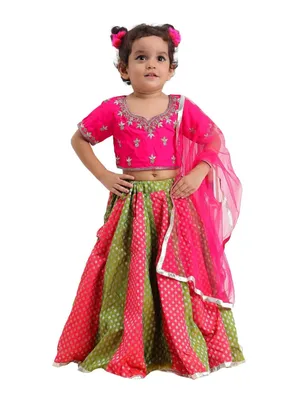 Itsyboo Girls Green Pink Banarasi Silk Lehenga Choli Set with Dupatta | 3-Piece Festive Ethnic Outfit | Embroidered & Lace Detail Traditional Indian Outfit for Girls